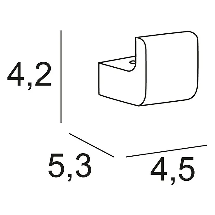 Tauro Baño Bluss Toallero de gancho - Blanco, Mate - Imagen de un producto con dimensiones 4,2, 5,3 y 4,5. Ideal para planos técnicos o información de producto en catálogo.