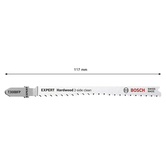 Bosch Expert Stichsägeblatt-Set Hardwood 2-Side Clean T308BFP - BIM, 3 Stk. - Stichsägeblatt T308BFP EXPERT Hardwood 2-side clean, 117 mm lang, von Bosch, ideal für saubere Schnitte in Hartholz.