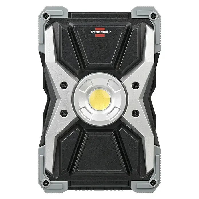 Brennenstuhl Mobiler LED-Strahler Rufus - Akkubetrieben, 30 W, L x B x H: 5 x 14 x 21 cm, IP65 - Nahaufnahme einer Brennenstuhl Arbeitsleuchte mit robustem Design und zentraler LED-Beleuchtung für den professionellen Einsatz.