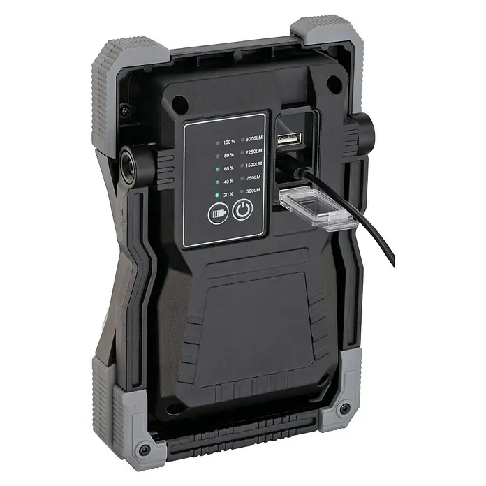 Brennenstuhl Mobiler LED-Strahler Rufus - Akkubetrieben, 30 W, L x B x H: 5 x 14 x 21 cm, IP65 - Ein grauer und schwarzer LED-Arbeitsstrahler mit Ladestandsanzeige und USB-Anschluss, der Komfort und Vielseitigkeit vereint.