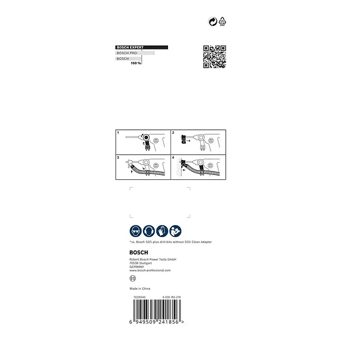 Bosch Adapter SDS Clean zum Bohren - Passend für: Bohrhämmer - Anweisungen zur Verwendung von Bosch-Werkzeugen, die die Kompatibilität mit Bosch Expert, Pro und Standardprodukten hervorheben.