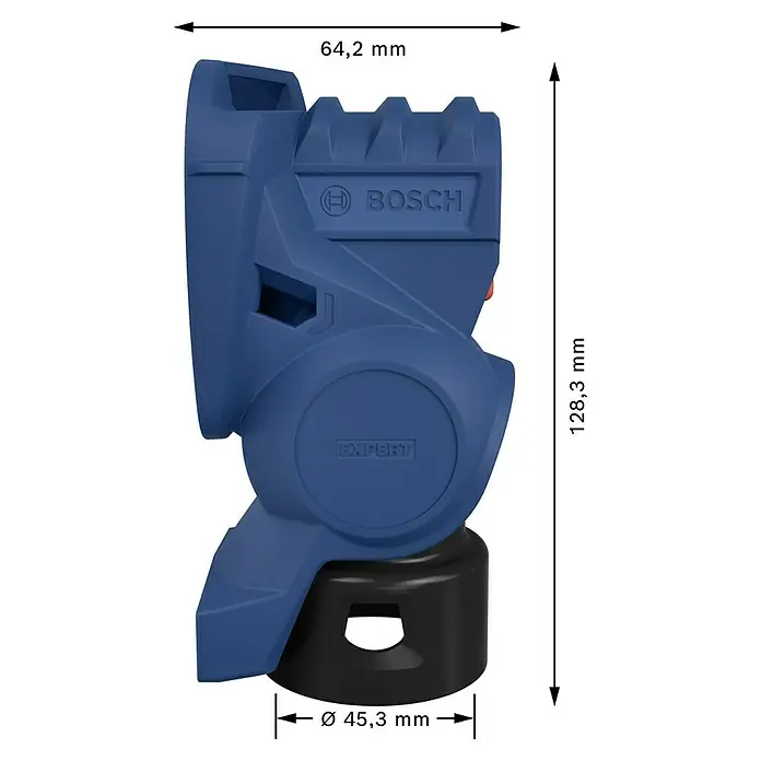 Bosch Adapter SDS Clean zum Bohren - Passend für: Bohrhämmer - Abbildung eines blauen Bosch-Winkelsensors Expert mit den Maßen 64,2 mm und 128,3 mm.