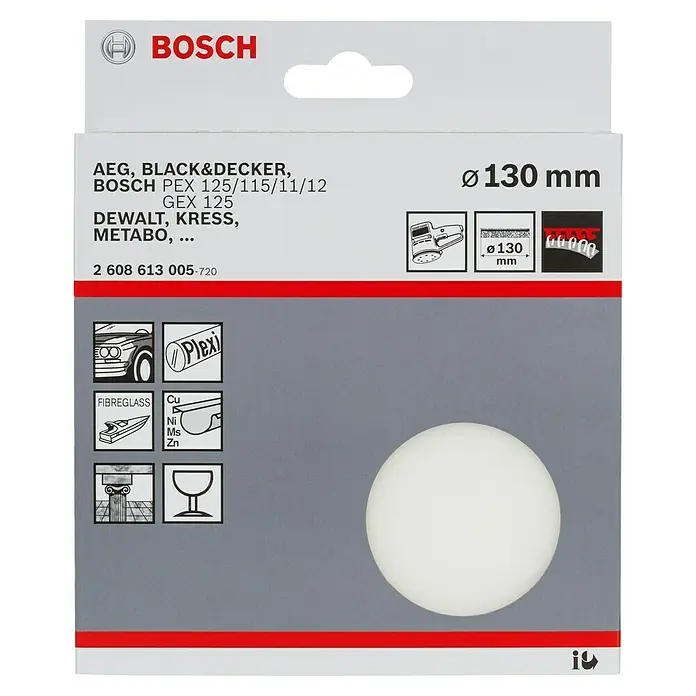 Bosch Polierschwamm - Durchmesser: 130 mm, Passend für: Exzenterschleifer mit 125 mm Durchmesser - Bosch Schleifpapier Ø130mm für diverse Schleifmaschinen, geeignet für Auto, Plexiglas, Fiberglas und Metalle.