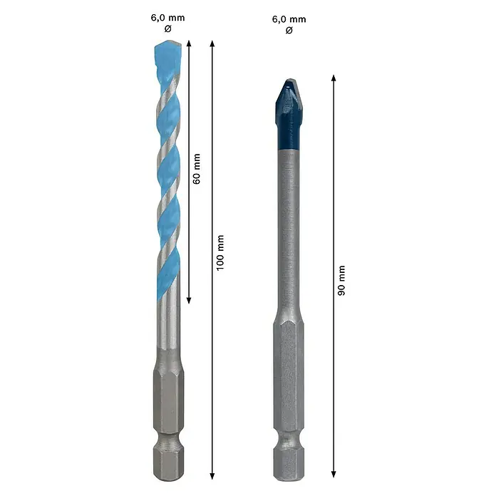 Bosch Expert Universalbohrer HEX-9 Hard Ceramic + HEX-9 Multi Construction - Durchmesser Bohrer: 6 mm - Darstellung von zwei 6,0-mm-Bohrern mit unterschiedlichen Spiral- und Glasbohrerkonstruktionen, die für Präzision und Vielseitigkeit stehen.