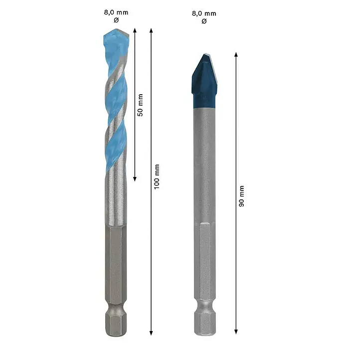 Bosch Expert Universalbohrer HEX-9 Hard Ceramic + HEX-9 Multi Construction - Durchmesser Bohrer: 8 mm - Abbildung von zwei 8-mm-Glasbohrern mit unterschiedlichen Designs, die für präzise Bohrarbeiten in Glas und Keramik geeignet sind.
