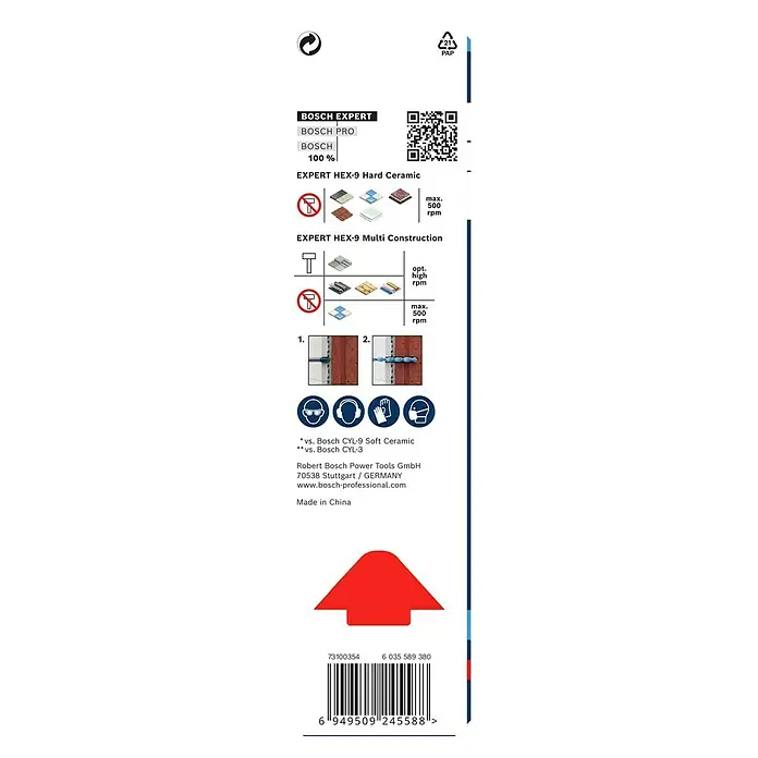Bosch Expert Universalbohrer HEX-9 Hard Ceramic + HEX-9 Multi Construction - Durchmesser Bohrer: 8 mm - Verpackung der Bosch Expert HEX-9 Bohrer mit Anweisungen, Barcode und Herstellerinformationen für professionelle Anwender.