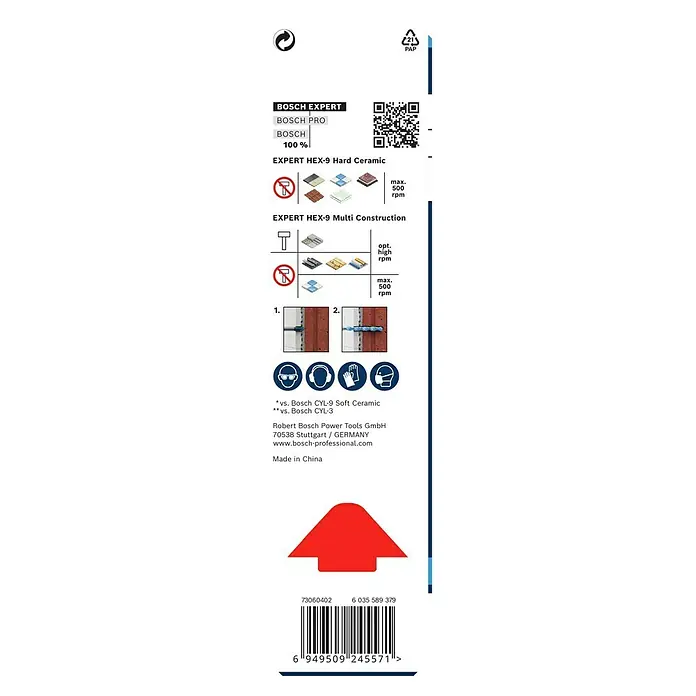 Bosch Expert Universalbohrer HEX-9 Hard Ceramic + HEX-9 Multi Construction - Durchmesser Bohrer: 6 mm - Produktverpackung für Bosch EXPERT HEX-9 Bohrer, geeignet für Keramik und Mehrzweckanwendungen, mit Sicherheitshinweisen und Herstellungsland.