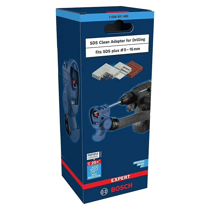 Bosch Adapter SDS Clean zum Bohren - Passend für: Bohrhämmer - Produktverpackung für einen Bosch SDS Clean Adapter zum Bohren mit Staubabsaugung, passend für SDS plus Bohrer mit 5-16 mm Durchmesser.