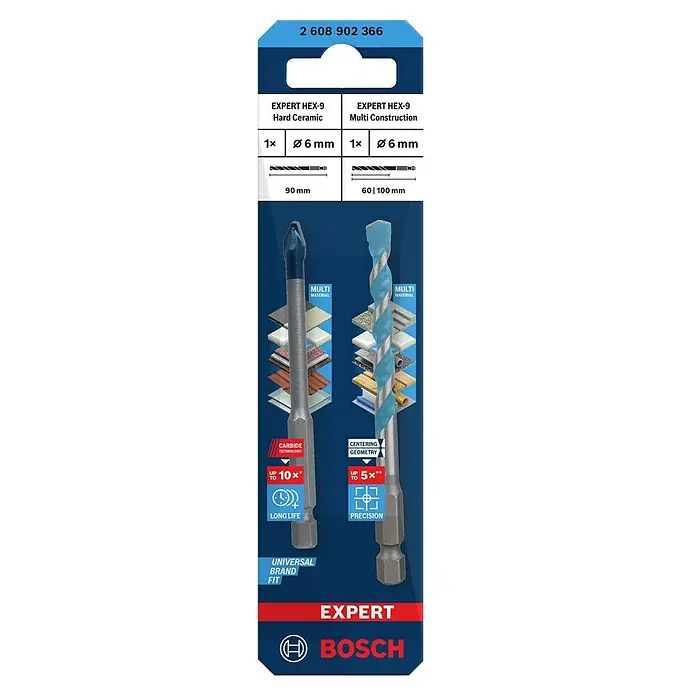 Bosch Expert Universalbohrer HEX-9 Hard Ceramic + HEX-9 Multi Construction - Durchmesser Bohrer: 6 mm - Bosch Expert HEX-9 Bohrer-Set: Hartkeramik- und Multi Construction-Bohrer, ideal für vielfältige Anwendungen, lange Lebensdauer und hohe Präzision.