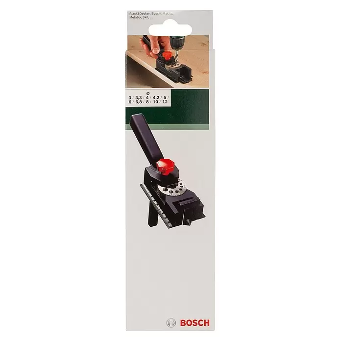 Bosch Guía para espigas - Específico para: Diámetro: 3-12 mm - Plantilla de taladrado negra con pomo rojo para agujeros precisos. Guía brocas (3-12mm) en madera, asegurando precisión.