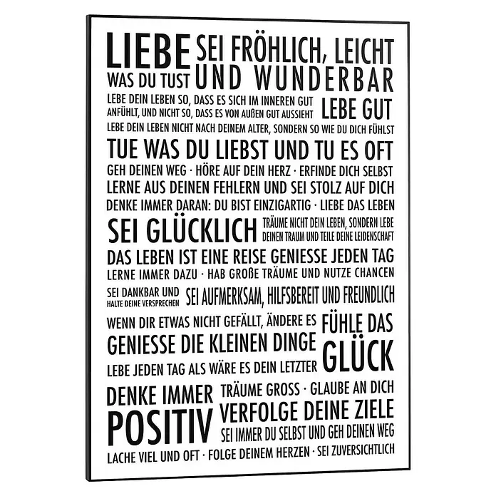 Reinders Bild Slim Frame Black - Positiv Leben, B x H: 50 x 70 cm - Weißes, rechteckiges Poster mit schwarzem, inspirierendem deutschem Text, der Lebensratschläge bietet.