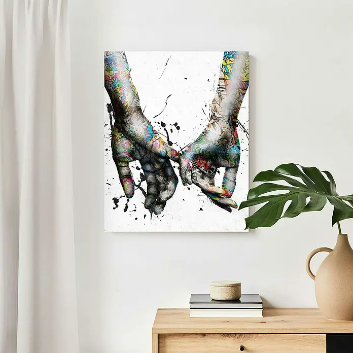 Reinders Decopanel - Pinkies Colour, B x H: 40 x 50 cm - Farbenfrohes Wandbild "Pinky Promise" mit zwei Händen, die sich die kleinen Finger reichen, und Farbspritzern für einen modernen Touch.