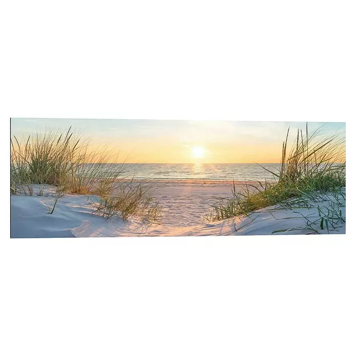 Reinders Decopanel - Golden Hour, B x H: 90 x 30 cm - Sonnenuntergang über einem Sandstrand mit Dünengras im Vordergrund, der zum Meer führt.