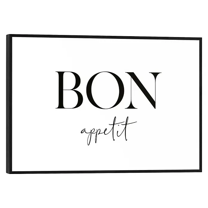 Reinders Bild Slim Frame Black - Bon Appetit, B x H: 30 x 20 cm - Schwarz gerahmter Druck mit 'BON appetit' in schwarzem Text auf weißem Hintergrund.