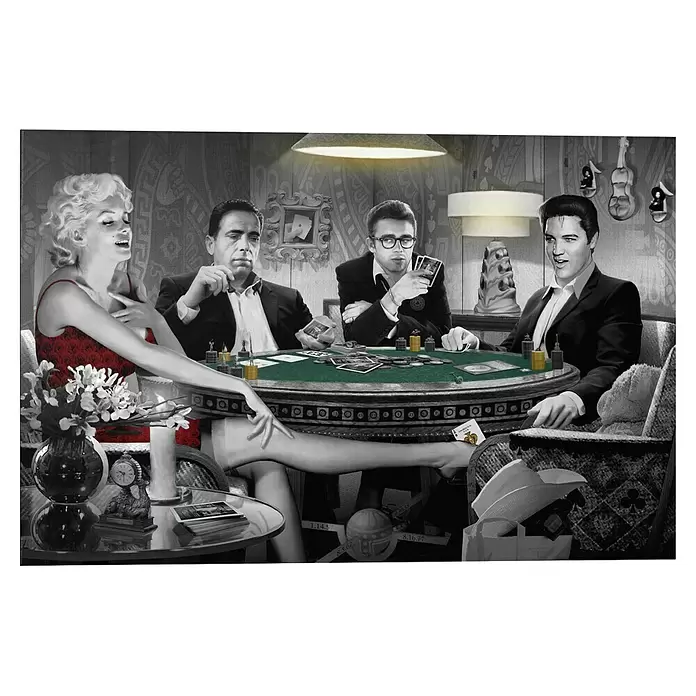 Reinders Decopanel - Chris Consani - Four of a Kind, B x H: 90 x 60 cm - Kunstwerk von Monroe, Bogart, Dean und Elvis beim Pokern, überwiegend Graustufen mit selektivem Rot und Grün.