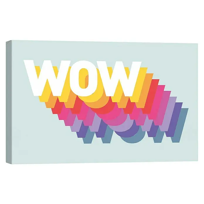 Reinders Leinwandbild Giclee on Canvas - Wow, B x H: 30 x 20 cm - Ein farbenfrohes Wandbild mit dem Schriftzug "WOW" in Weiß, umrahmt von einem Regenbogen aus Farben auf hellblauem Grund.