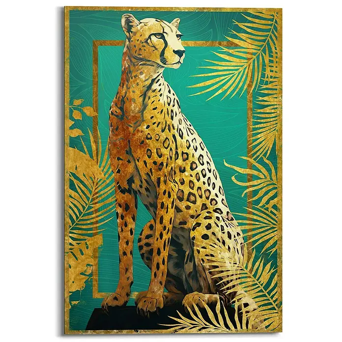 Reinders Decopanel - Cheetah Pose, B x H: 60 x 90 cm - Geparden-Leinwandbild mit Goldpalmen vor türkisfarbenem Hintergrund, elegantes Dekor für jeden Raum.