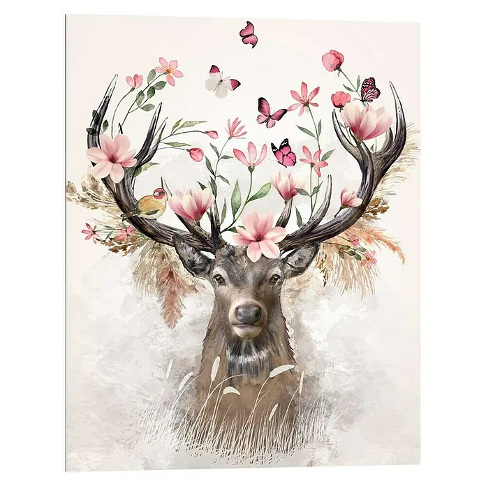 Reinders Decopanel - Sweet Deer, B x H: 40 x 50 cm - Ein dekoratives Bild von einem Hirsch mit Geweih, das mit zarten Blumen und flatternden Schmetterlingen geschmückt ist, verleiht jedem Raum eine künstlerische Note.