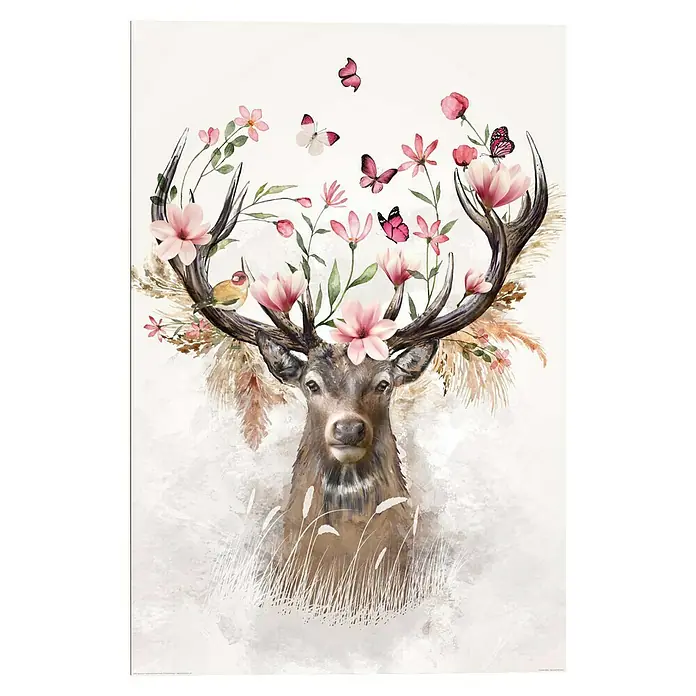 Reinders Decopanel - Sweet Deer, B x H: 60 x 90 cm - Aquarellbild eines Hirsches mit Blumen und Schmetterlingen auf dem Geweih, das eine ruhige und natürliche Atmosphäre schafft.