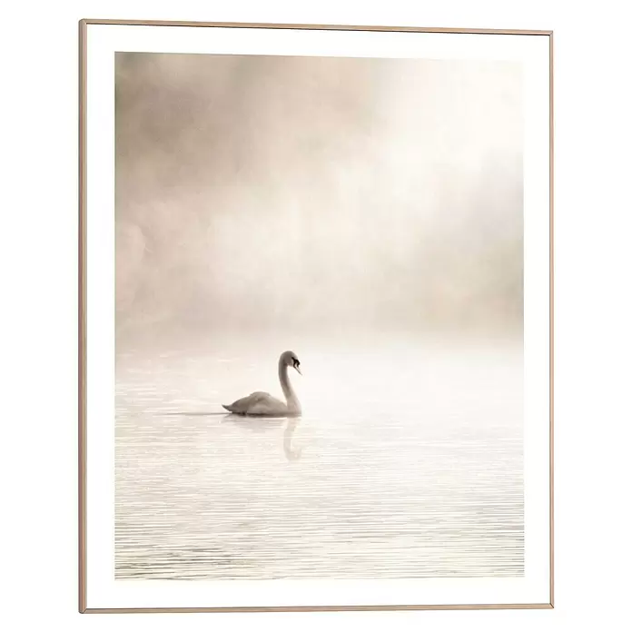 Reinders Bild Slim Frame Wood - Misty Lake Swan, B x H: 40 x 50 cm - Gerahmter Kunstdruck mit Schwan auf nebligem Wasser. Heller Holzrahmen.