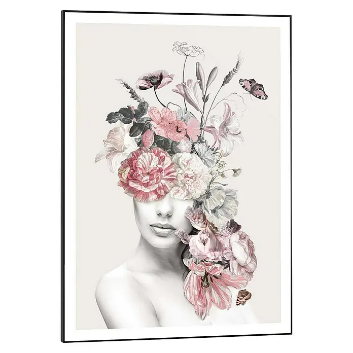 Reinders Bild Slim Frame Black - Floral Lady Sweet, B x H: 50 x 70 cm - Kunstvoller Kunstdruck mit einem Frauenporträt, dessen Gesicht mit Blumen verziert ist, die eine elegante und verträumte Atmosphäre schaffen.