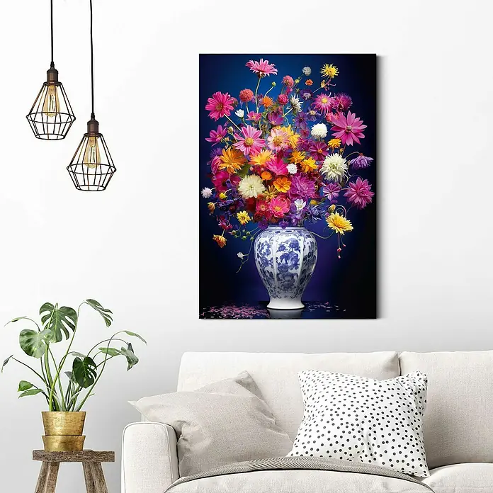 Reinders Decopanel - Delft Flowers, B x H: 60 x 90 cm - Ein farbenfrohes Blumenstillleben in einer blau-weißen Vase, das eine lebendige und künstlerische Atmosphäre in jeden Raum bringt.