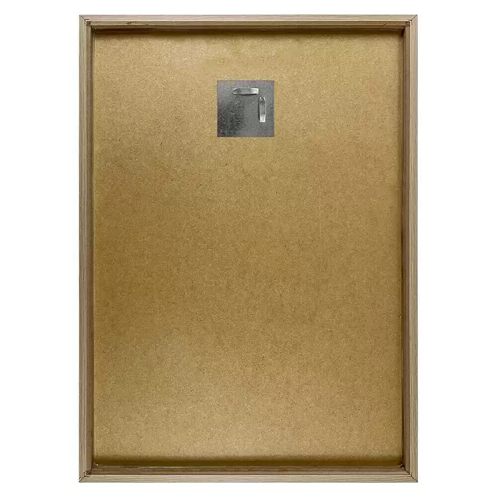 Reinders Bild Relief Art Colour - Puzzeled - Terra/Nude, B x H: 50 x 70 cm - Rückseite eines braunen MDF-Bilderrahmen mit Naturholzleisten und silberner Metallaufhängung.