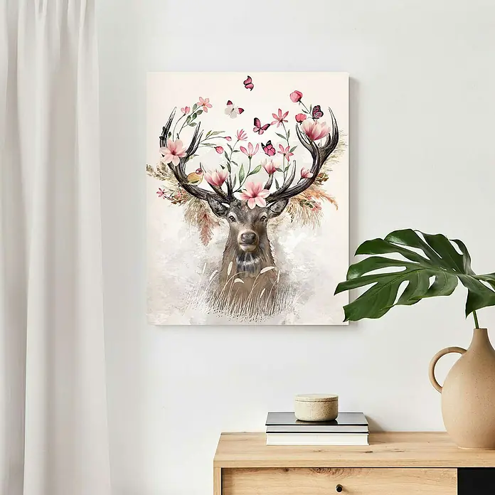 Reinders Decopanel - Sweet Deer, B x H: 40 x 50 cm - Diese Leinwand zeigt ein Hirschporträt mit Blumen und Schmetterlingen. Das Hirschgeweih ist kunstvoll mit rosafarbenen Blüten geschmückt.