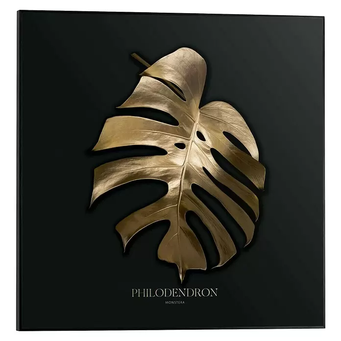 Reinders Bild Slim Frame Black - Monstera Gold, B x H: 50 x 50 cm - Goldener Monstera-Blatt Kunstdruck auf schwarzem Hintergrund mit botanischem Text.