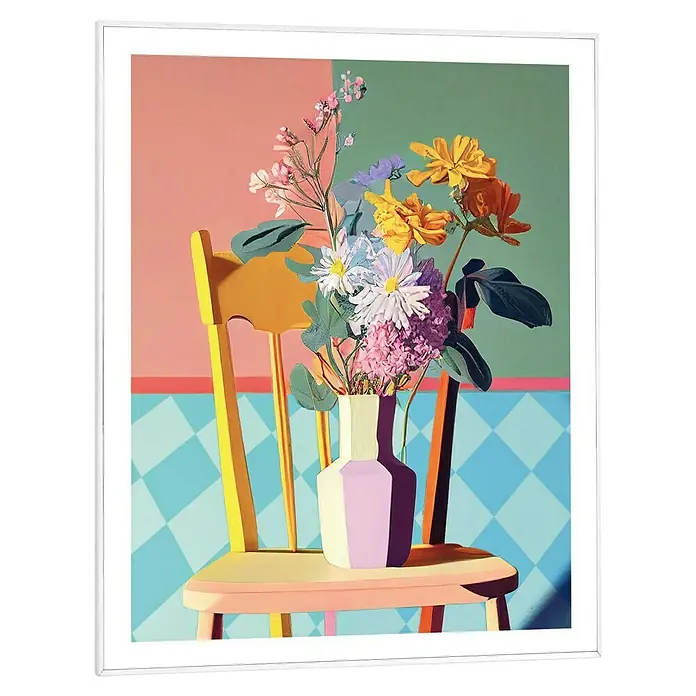 Reinders Bild Slim Frame White - Checkers Floral Chair, B x H: 40 x 50 cm - Ein Stillleben mit einem bunten Blumenstrauß in einer hellen Vase, platziert auf einem gelben Stuhl vor einem zweifarbigen Hintergrund.