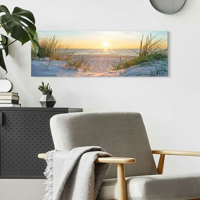 Reinders Decopanel - Golden Hour, B x H: 90 x 30 cm - Das Wandbild „Dünenlandschaft bei Sonnenuntergang“ fängt die friedliche Atmosphäre eines Strandes ein und verleiht jedem Raum eine beruhigende Note.