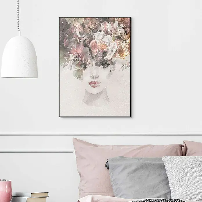 Reinders Bild Slim Frame Black - Aquarel Beauty, B x H: 50 x 70 cm - Ein dekoratives Bild an der Wand mit einer Frau und Blumen im Haar, eine schöne Akzent für das Schlafzimmer.