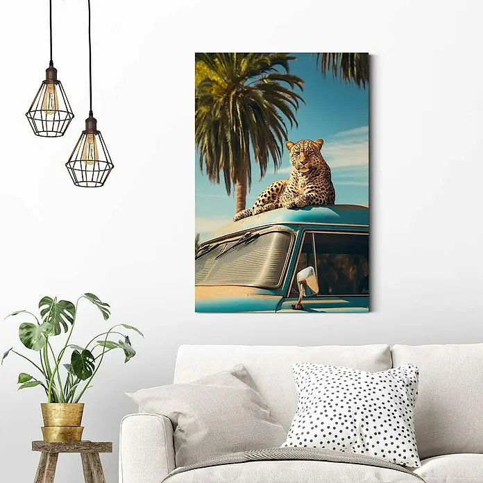 Reinders Decopanel - Oldtimer Safari, B x H: 60 x 90 cm - Wandbild mit einem Leoparden auf einem blauen Oldtimerbus vor Palmen, eine stilvolle Dekoration für moderne Wohnräume.