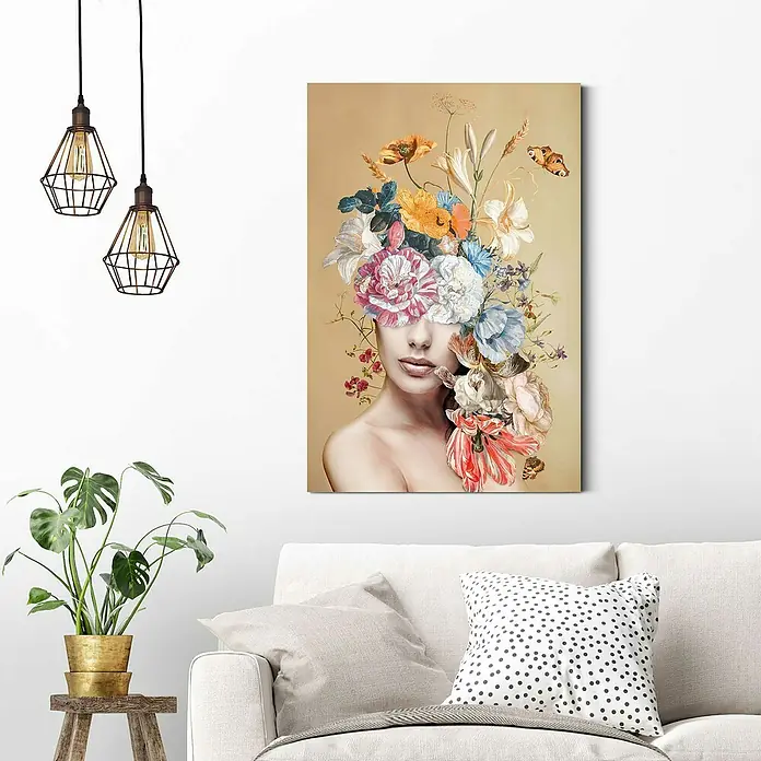 Reinders Decopanel - Trendy Floral Lady, B x H: 60 x 90 cm - Wandbild mit Blumenmotiv, das eine Frau darstellt, die von bunten Blumen umgeben ist. Ideal für eine stilvolle Dekoration Ihres Zuhauses.