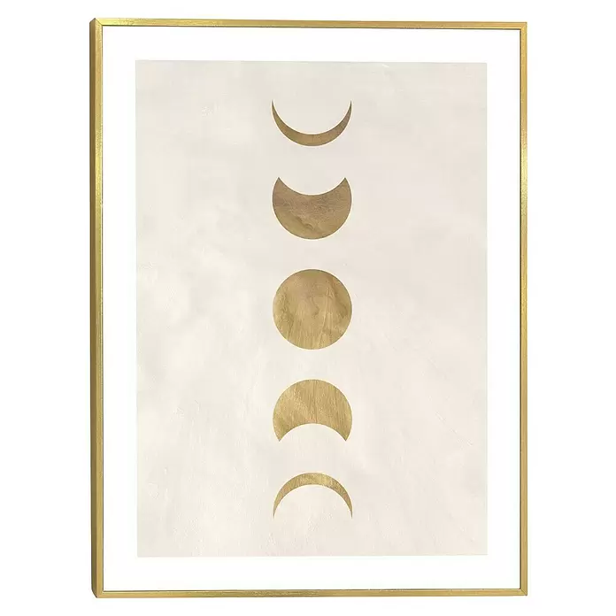 Reinders Bild Slim Frame Gold - Moonphases, B x H: 30 x 40 cm - Goldgerahmter Kunstdruck mit fünf vertikalen goldenen Mondphasen auf hellem Hintergrund.