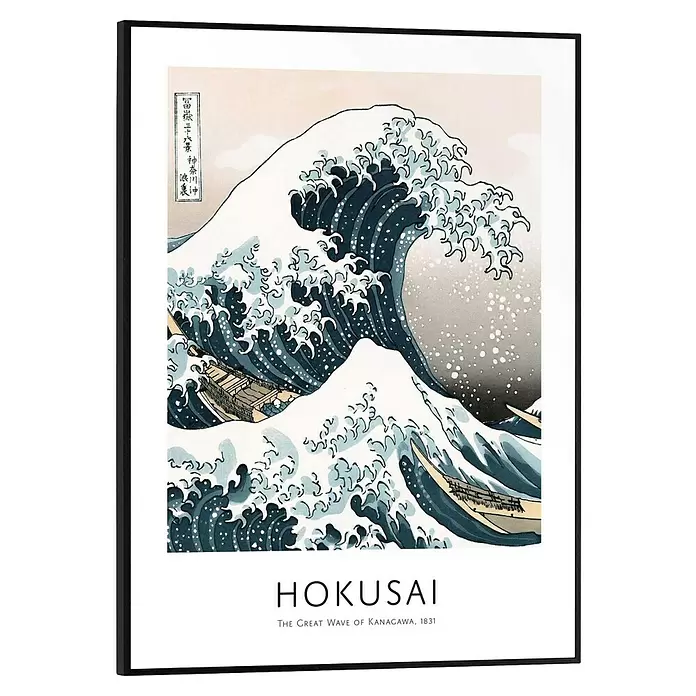 Reinders Bild Slim Frame Black - Hokusai, B x H: 30 x 40 cm - Gerahmter Druck von Hokusais „Die Große Welle“ mit blauer Welle, Booten und Text, in schwarzem Rahmen.