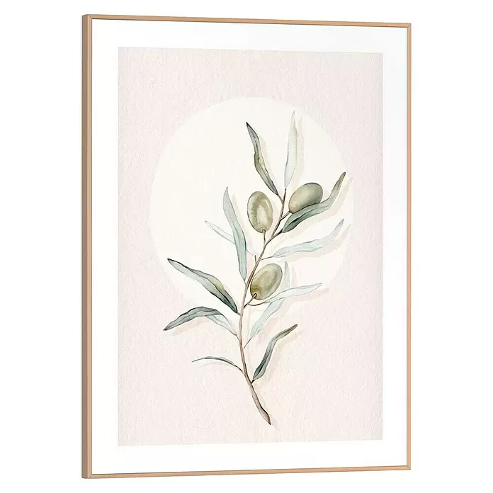Reinders Bild Slim Frame Wood - Circle Olives, B x H: 30 x 40 cm - Gerahmtes Aquarellbild eines Olivenzweigs mit grünen Oliven und Blättern in hellem Holzrahmen.