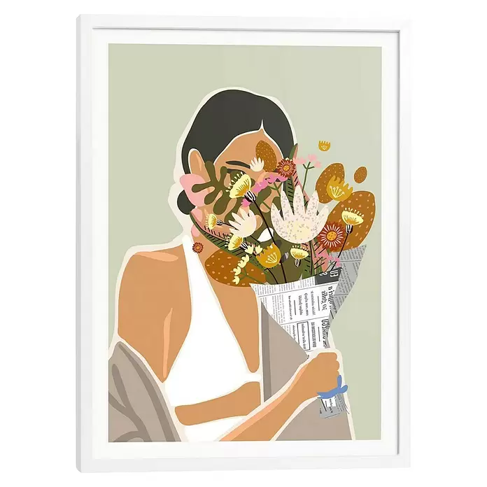 Reinders Bild Modern Frame - Bouquet, B x H: 50 x 70 cm - Weiß gerahmtes Kunstwerk: stilisierte Illustration einer Frau mit Zeitungsstrauß, der ihr Gesicht verdeckt.