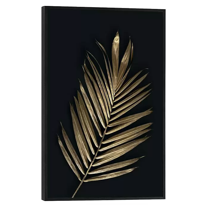 Reinders Bild Slim Frame Black - Areca Palmenblatt, B x H: 20 x 30 cm - Gerahmter Kunstdruck: ein goldenes Palmblatt auf schwarzem Hintergrund.