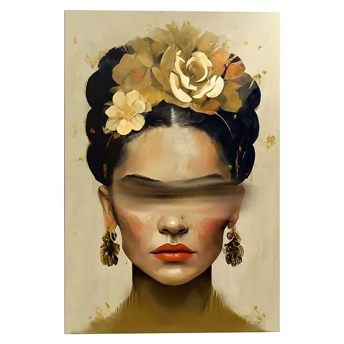 Reinders Decopanel - Frida Paint Stripe, B x H: 60 x 90 cm - Künstlerisches Porträt einer Frau mit goldenen Blumen im dunklen Haar, großen goldenen Blattohrringen und verdeckten Augen, im Ölgemäldestil.