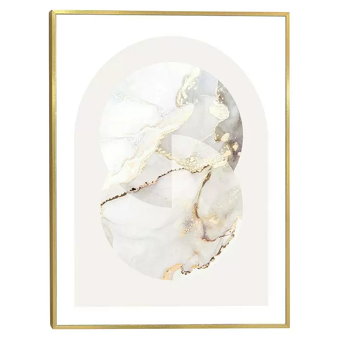 Reinders Bild Slim Frame Gold - Glamour Marble, B x H: 30 x 40 cm - Goldgerahmter Kunstdruck mit abstrakten Marmorkreisen und Bögen, mit Goldakzenten auf hellem Hintergrund.
