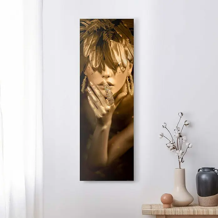 Reinders Decopanel - Golden Lady, B x H: 30 x 90 cm - Elegantes Wandbild: Porträt einer Frau in Gold gehüllt, mit opulentem Federschmuck und goldenem Schmuck, ein luxuriöses Kunstwerk.