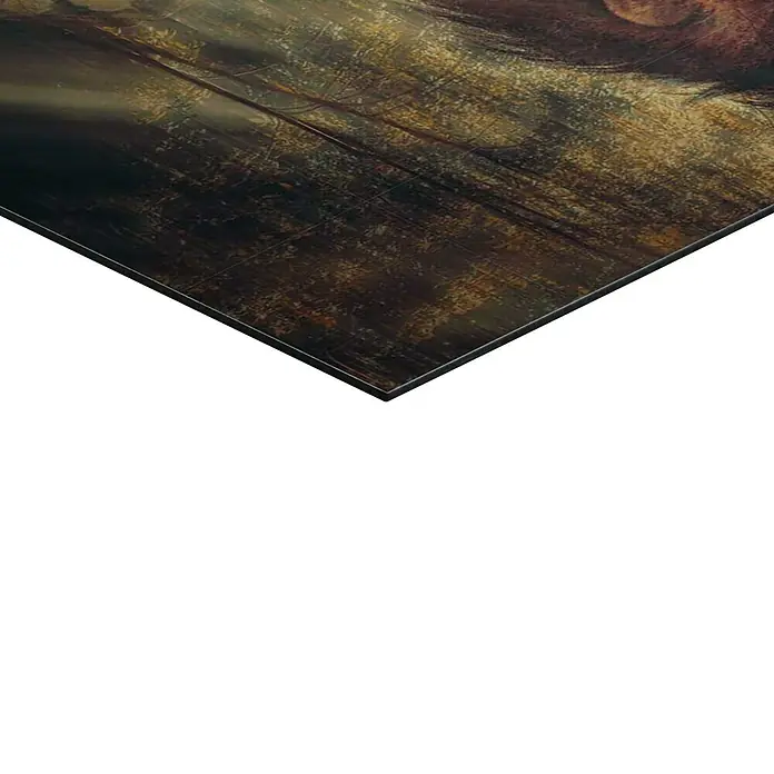 Reinders Decopanel - Think Big, B x H: 60 x 90 cm - Detailaufnahme eines Kunstdrucks auf Metall, das abstrakte, dunkle und goldene Farbtöne zeigt.\n