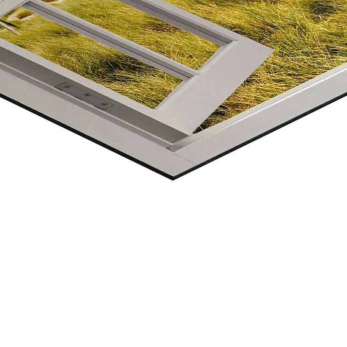 Reinders Decopanel - Lighthouse View, B x H: 50 x 40 cm - Detailaufnahme eines weißen Fensterrahmens mit Blick auf grünes Gras. Fensterrahmen aus Aluminium.