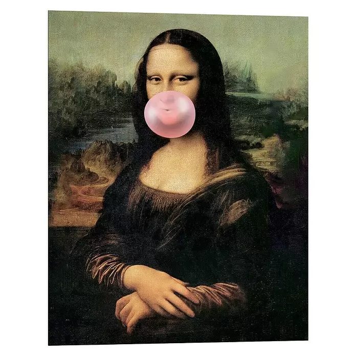 Reinders Decopanel - Mona Lisa Bubblegum, B x H: 40 x 50 cm - Das Porträt der Mona Lisa mit einer großen, glänzenden rosa Kaugummiblase aus ihrem Mund.