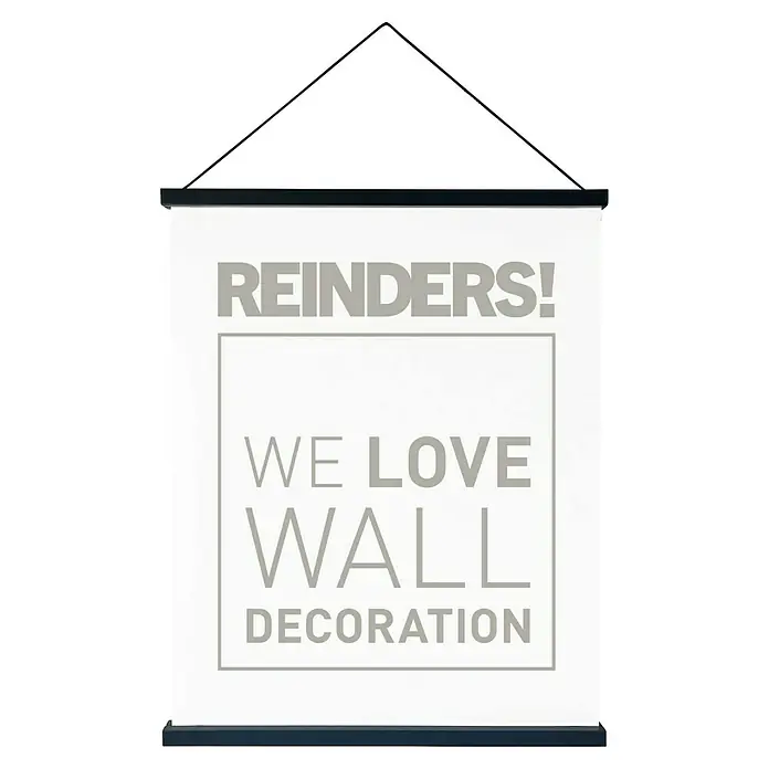 Reinders Posterschienen Click Frame - Schwarz, 62 cm - Eine Wanddekoration mit dem Aufdruck "Reinders! We love wall decoration" hängt an einer schwarzen Kordel. Das Poster ist eine tolle Deko fürs Zuhause.