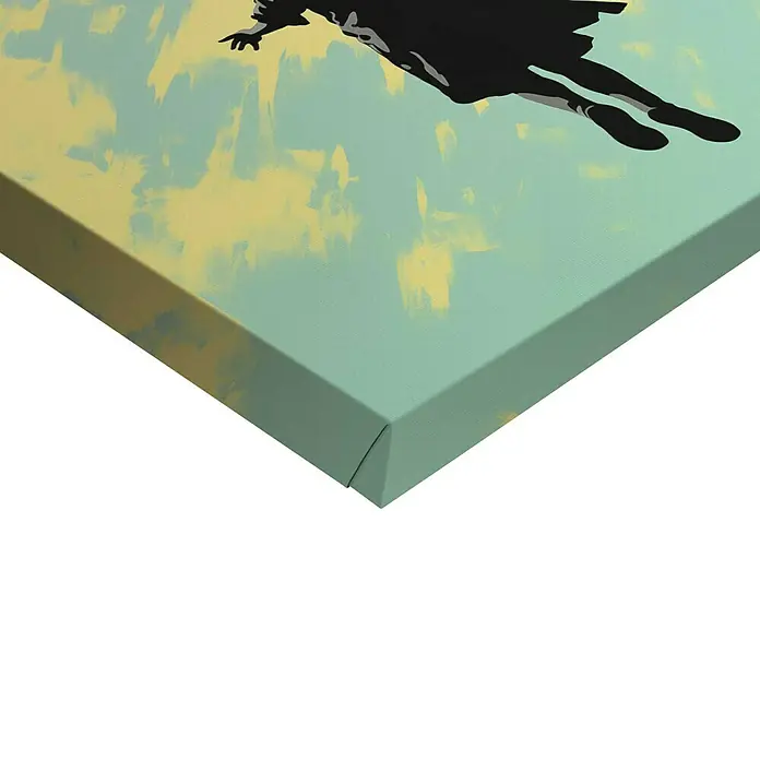 Reinders Leinwandbild Giclee on Canvas - Balloons Up, B x H: 20 x 30 cm - Nahaufnahme einer Leinwand mit einem abstrakten Gemälde in Grün- und Gelbtönen und einer schwarzen Silhouette einer Person.