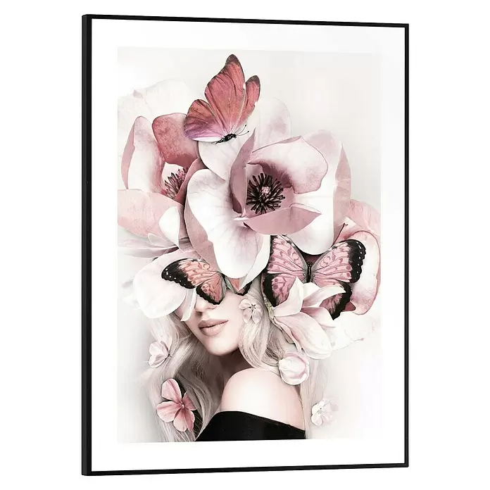 Reinders Bild Slim Frame Black - Beautiful, B x H: 30 x 40 cm - Gerahmter Druck mit einer Frau, die mit großen rosa Blüten und Schmetterlingen geschmückt ist.
