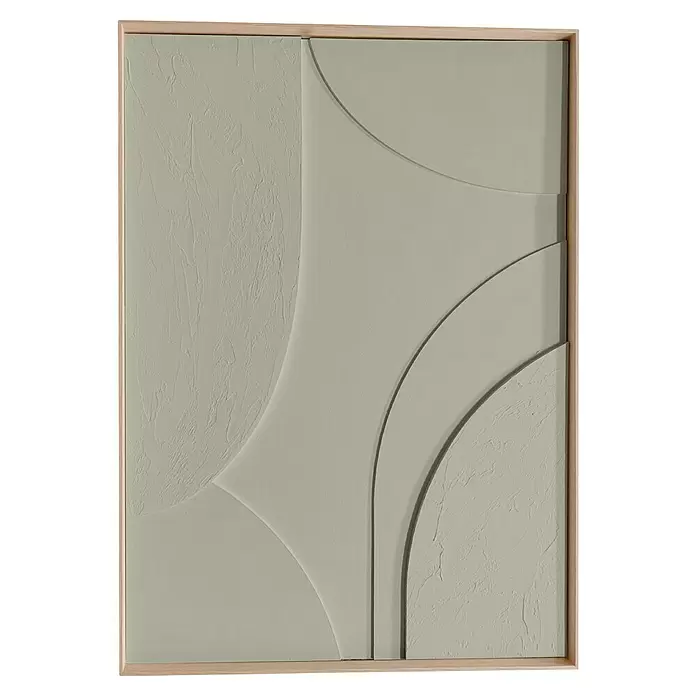 Reinders Bild Relief Art Colour - Terrace - Sage Green, B x H: 50 x 70 cm - Hellgrüne geometrische Wandkunst mit glatten und texturierten geschwungenen Abschnitten, in hellem Holz gerahmt.