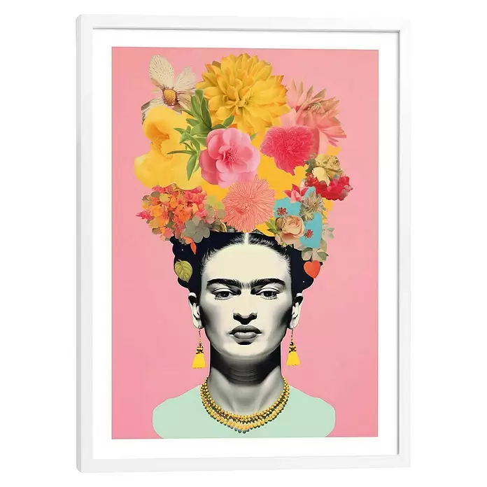 Reinders Bild Modern Frame - Freedom Flowers, B x H: 50 x 70 cm - Gerahmter Kunstdruck: Schwarz-weiß-Porträt von Frida Kahlo mit farbigem Blumenschmuck und gelbem Schmuck auf pinkem Hintergrund.